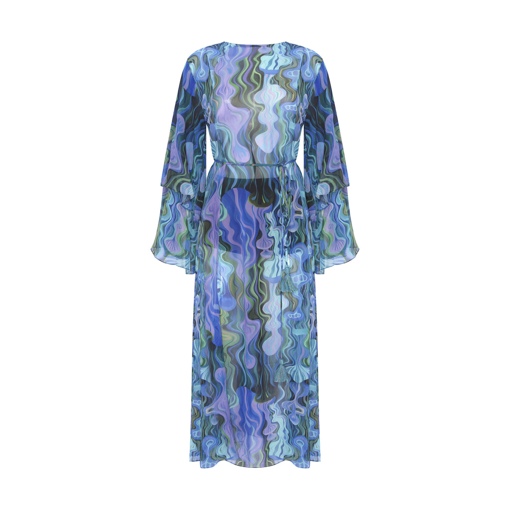 Vestido Raizes de Manga Longa estampada em azul, verde 
Foto Still