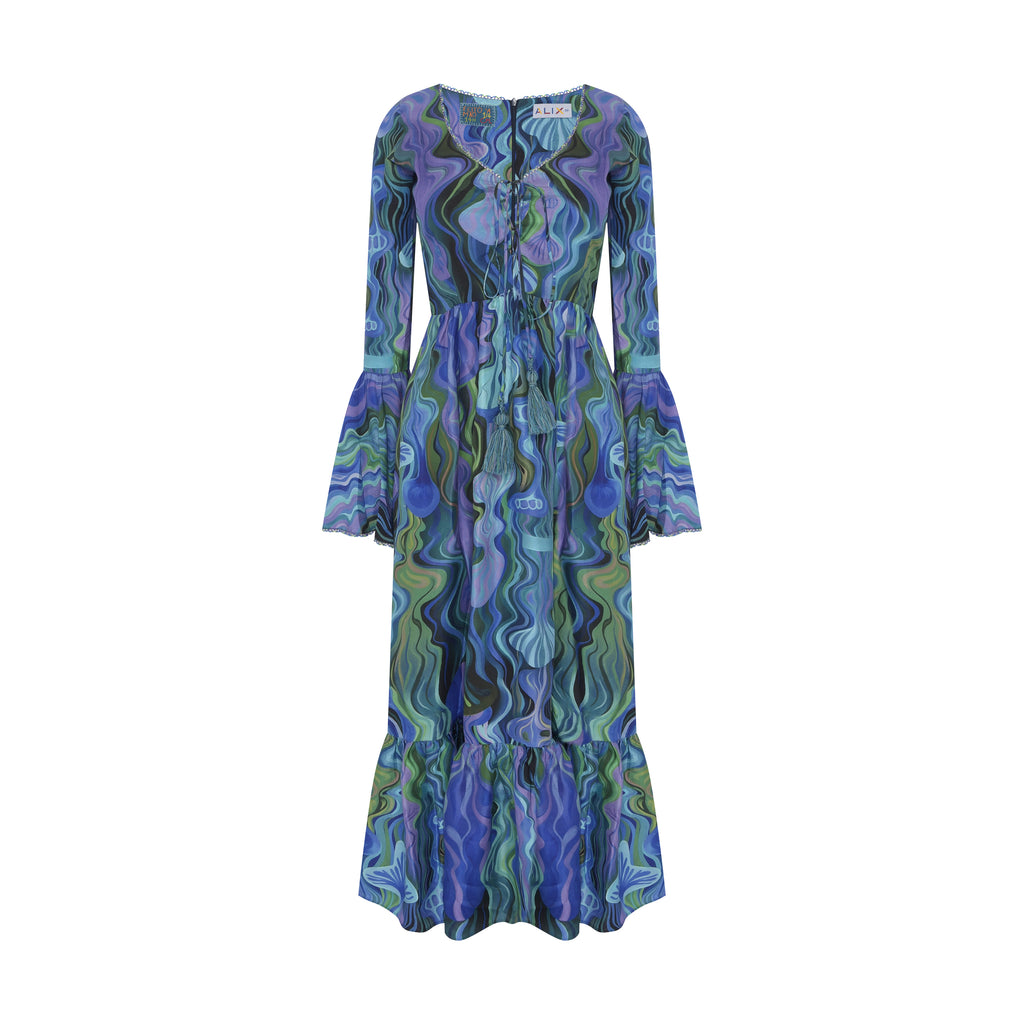 Vestido Raizes de Manga Longa estampada em azul, verde 
Still