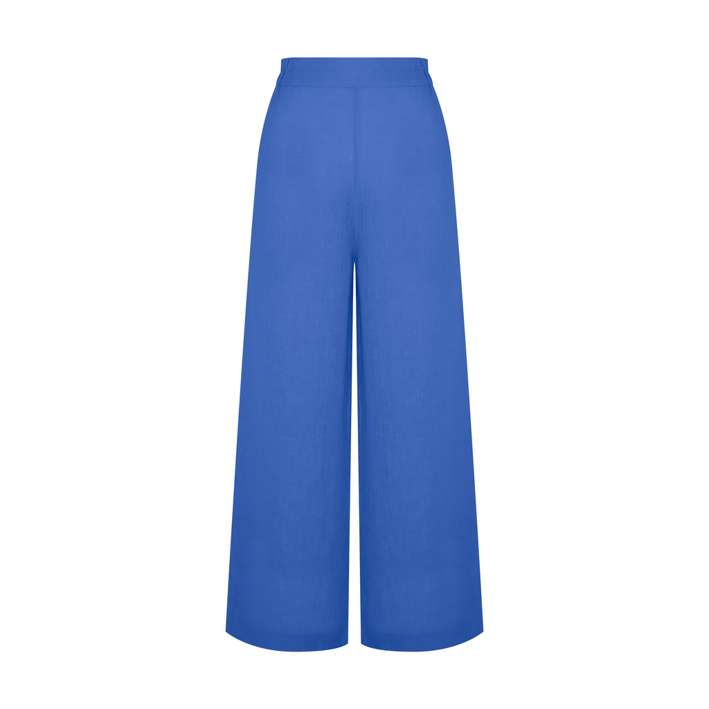 Vista frontal da Calça Yas Linho azul em tecido leve, com cintura alta e modelagem ampla e sofisticada.