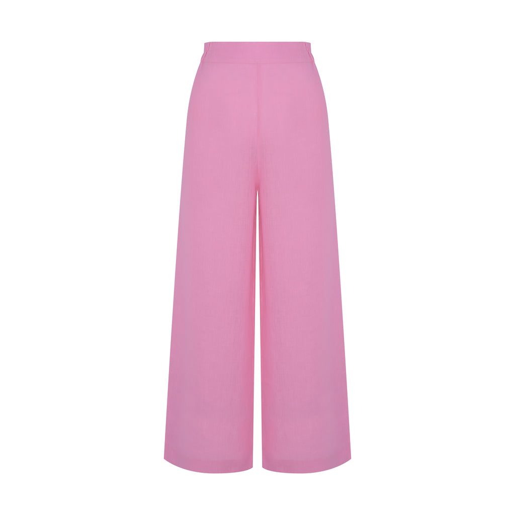 Vista frontal da Calça Yas Linho rosa em 100% linho, com cintura alta e cós elástico para ajuste confortável.