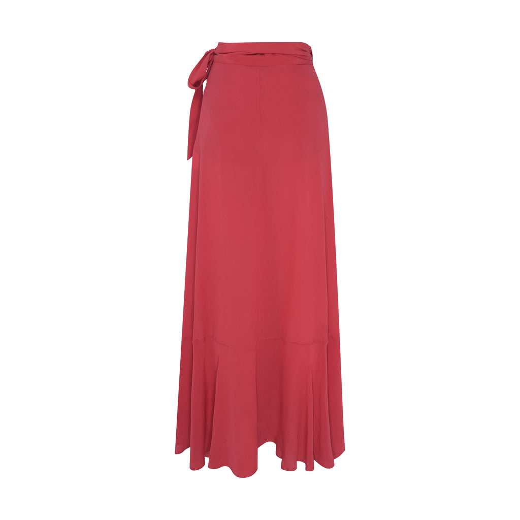 Vista traseira da Saia Olivia Vermelha em seda pura com amarração lateral e caimento elegante e natural.