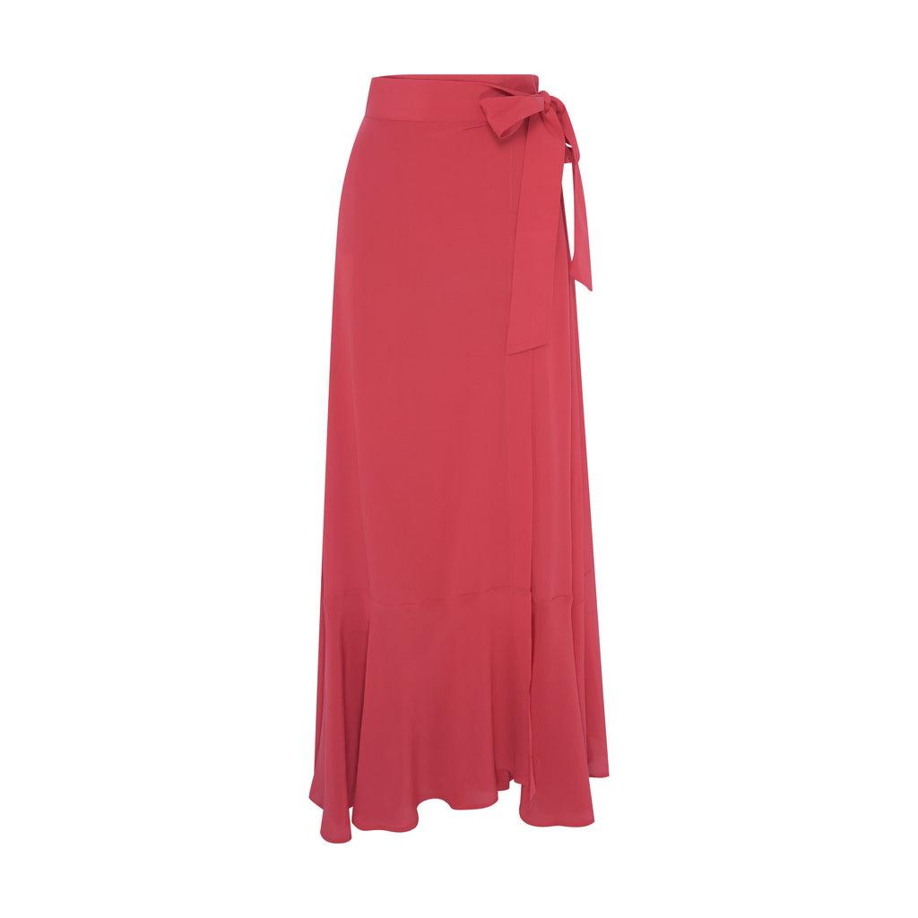 Vista frontal da Saia Olivia Vermelha feita em seda 100%, com modelagem longa e fluida que valoriza a silhueta.