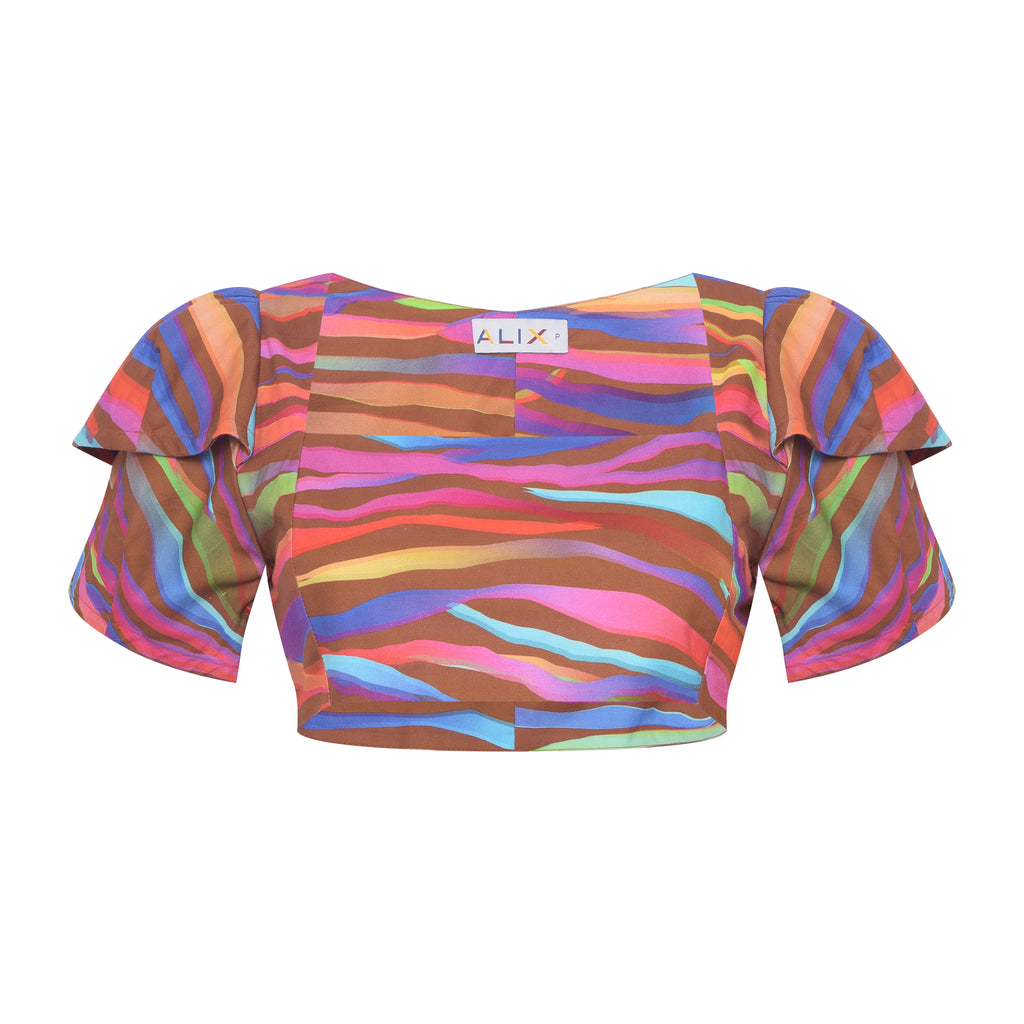 Top 'Yasmin' Tigre da Alix visto de frente. Top em algodão 100% com listras coloridas e modelagem estruturada.