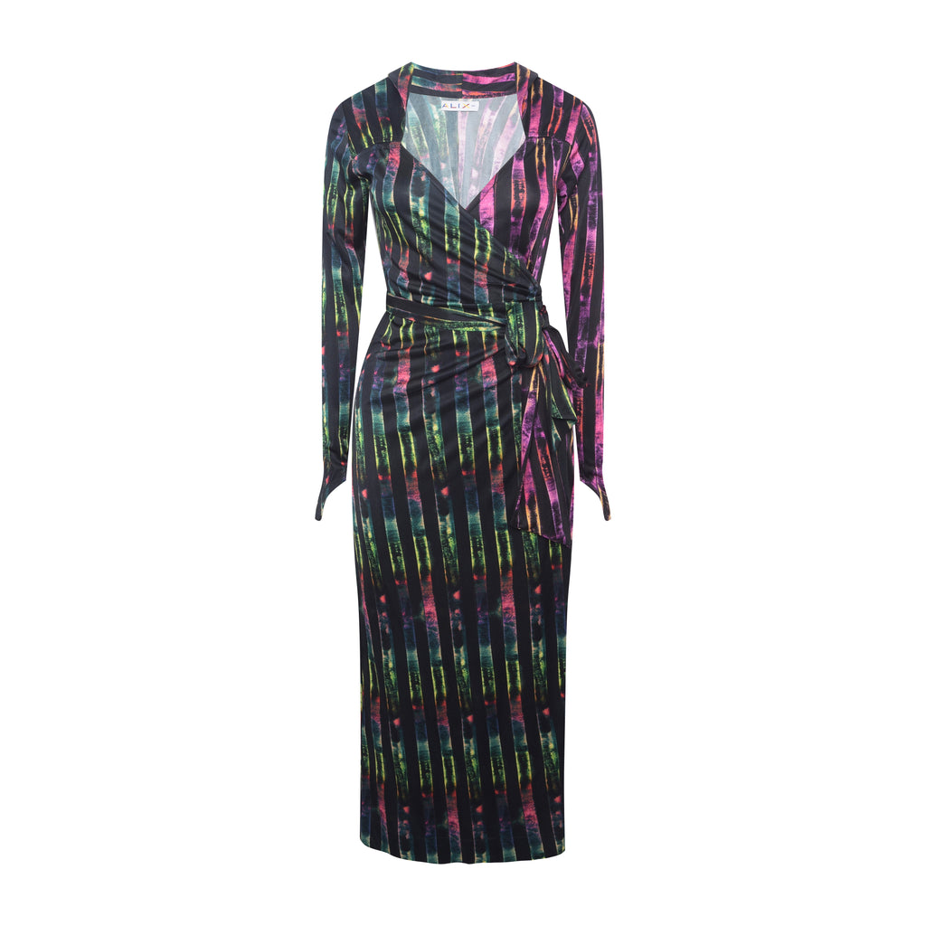 Vestido feminino 'Bruxa' Listras Matisse da Alix em jersey 100% viscose com estampa listrada em preto, verde e rosa