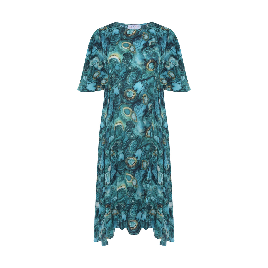 Vestido longo Marta Malaquita multicolorido em Chine Due, mistura de viscose e seda, com estampa aquarelada em tons de verde.